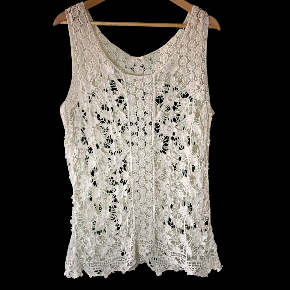 Women's Crochet Lace Sleeveless Tank Top Plus Size 3X Cream Floral Boho Adiva